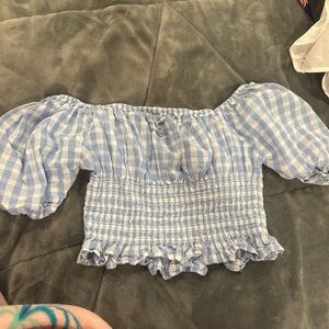 Blue Gingham Off-Shoulder Top